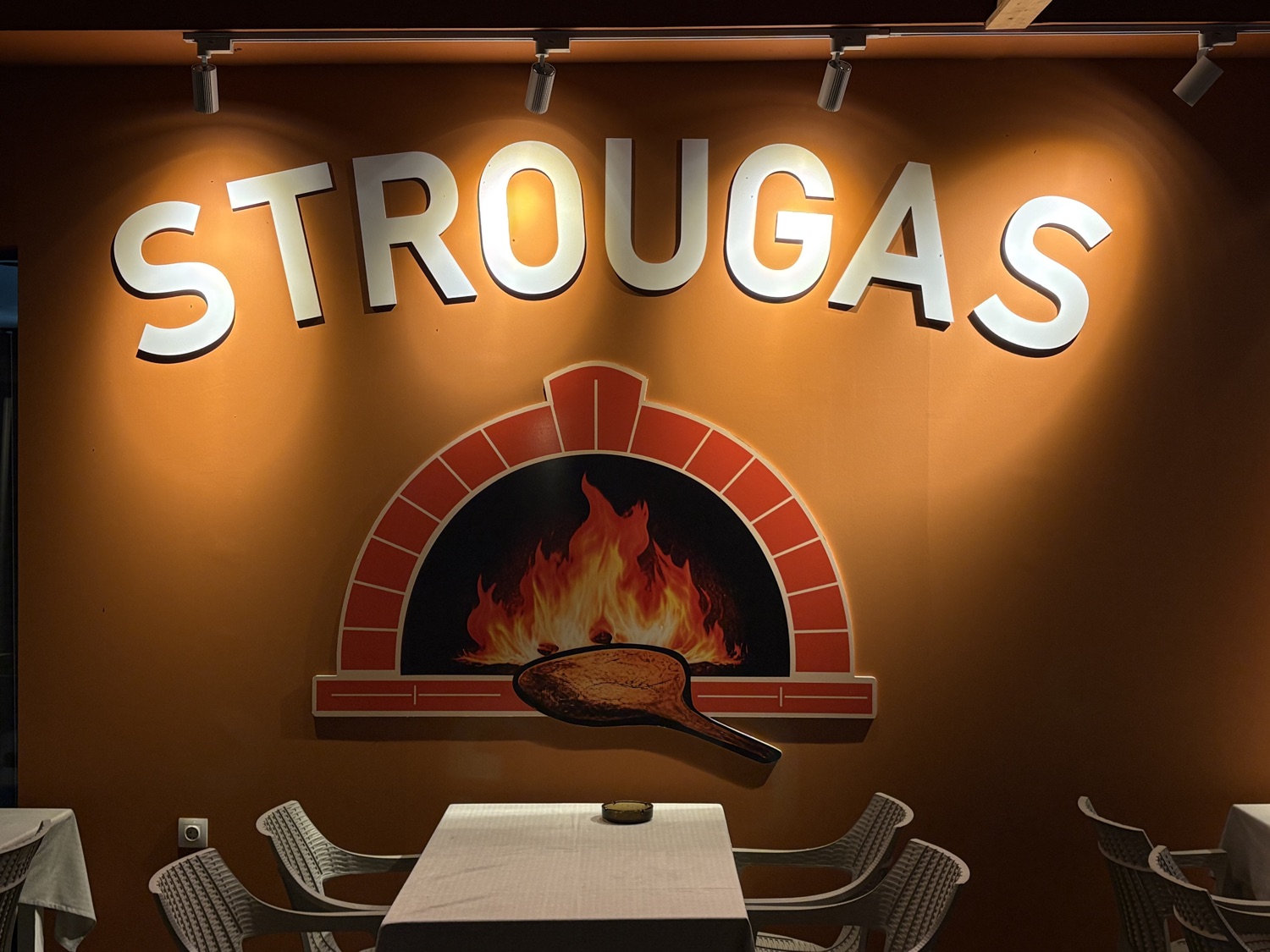 Η πινακίδα STROUGAS και ο ξυλόφουρνος στον χώρο μας στην Κεραμωτή